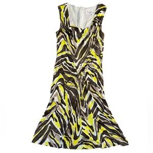 Trina Turk Silk Dress Yellow Tan Brown Abstract Zebra Size 0 Ruched Cocktail